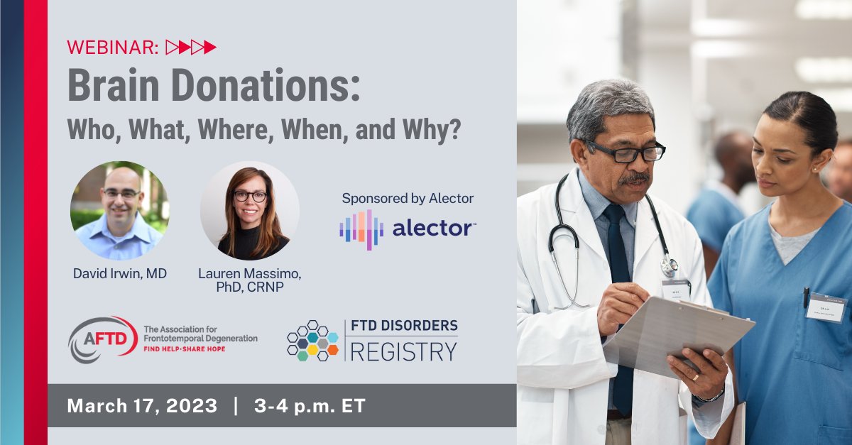 EndFTDregistry's tweet photo. Learn the who, what, where, when, and why of brain donation during a 1-hour webinar Friday, March 17 at 3 pm ET (12 pm Pacific). This is part of the Perspectives in Research Webinar Series co-hosted by AFTD and the FTD Registry. #EndFTD Register now: https://t.co/2TEWPMM8J4 https://t.co/Um9VRMNHqg