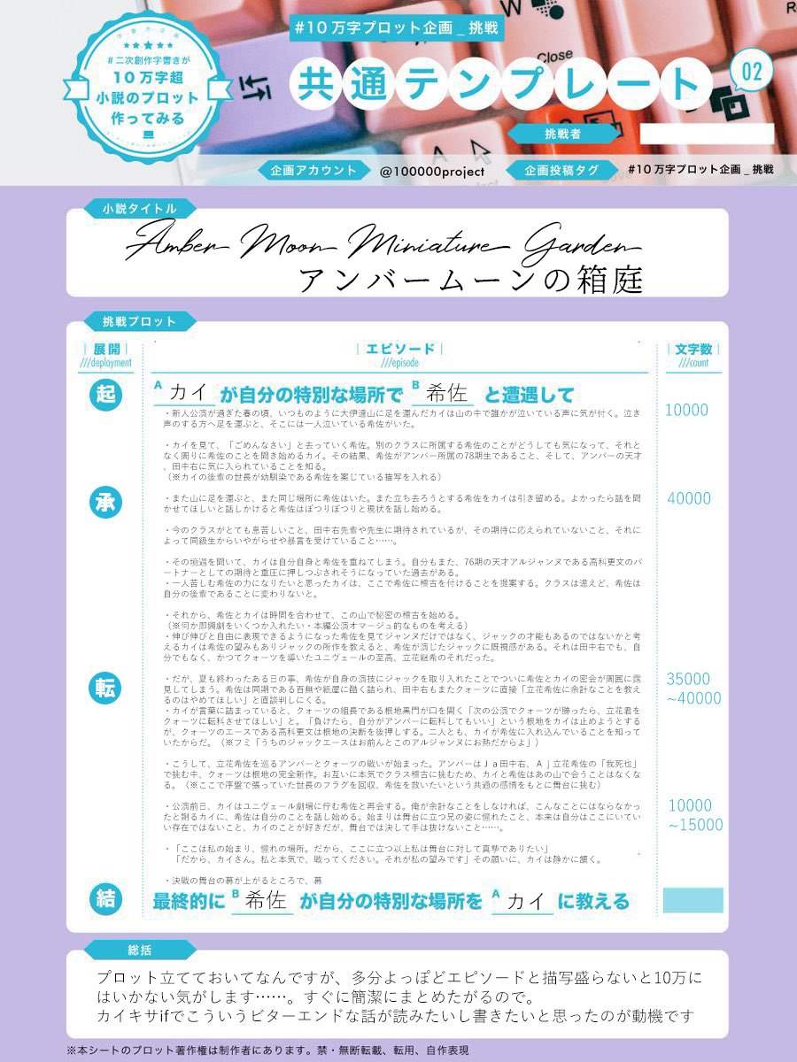 カイキサ（アンバー希佐設定）でぎりぎり滑り込みました
話を膨らませるには……と考えつつ、自分の中で長めの話になるよう意識してプロットを立てました
プロット内容が画質で潰れてしまったのでリンク付けておきます
privatter.net/p/9821564
#10万字プロット企画_挑戦