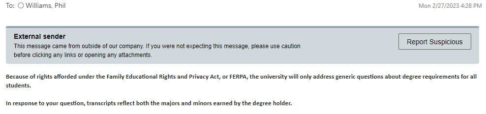 Wow! Trying to preempt my investigation, Congressman <a href="/AndyOgles/">Congressman Andy Ogles</a> put out a statement, acknowledging his degree in Liberal Students (not Int'l Relations), now claiming he *minored* in Political Science/English. 
But it's NOT on his transcript, and MTSU says it would be if true.