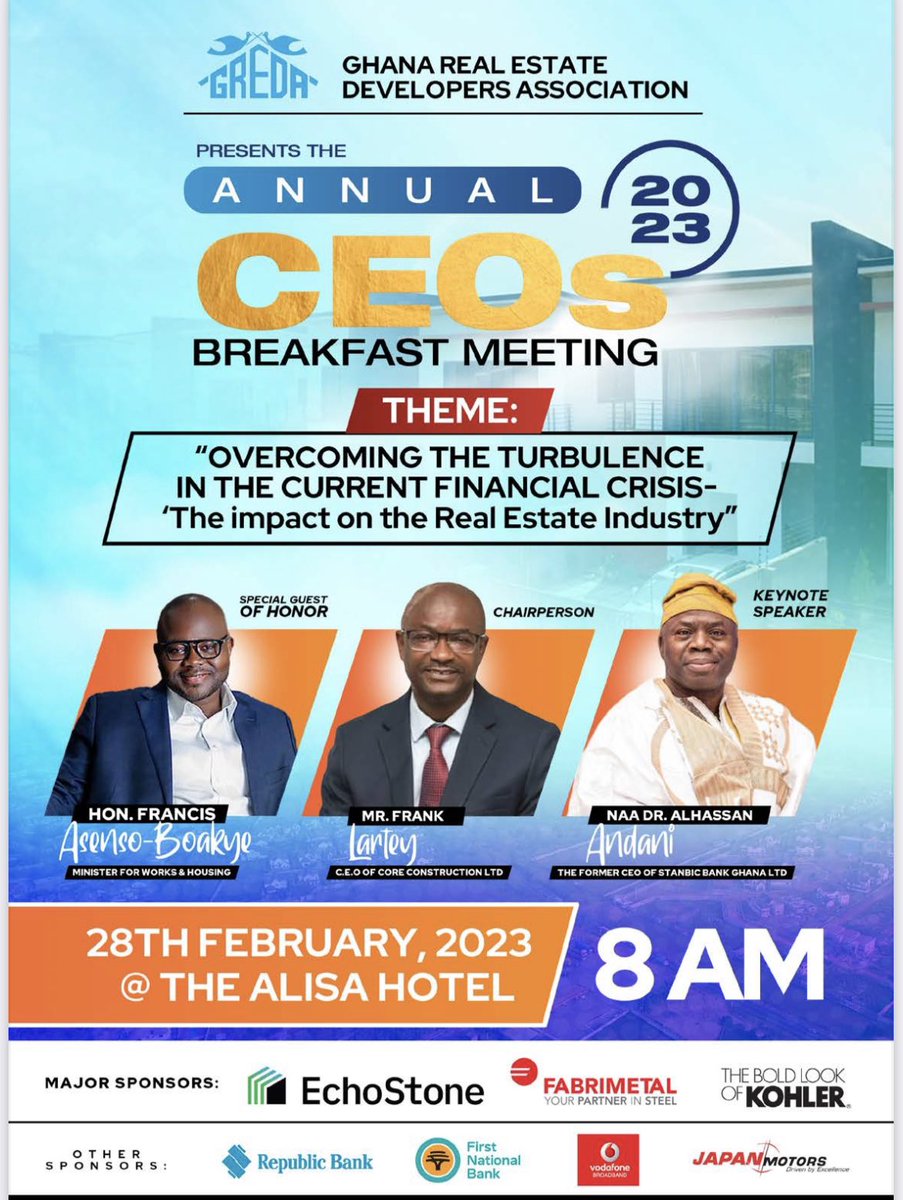 Jaime R. Sanchez (@jaimersanchez1) on Twitter photo Looking forward to tomorrow’s GREDA’s (Ghana Real Estate Developers Association) Annual 2023 CEO Breakfast Meeting, Tues Feb 28th at The
Alisa Hotel North Ridge in Accra, Ghana 🇬🇭
<a href="/EchoStoneOpco/">EchoStoneHousing</a> is a Diamond Sponsor & I will be speaking at tomorrow’s event.
#affordablehousing Looking forward to tomorrow’s GREDA’s (Ghana Real Estate Developers Association) Annual 2023 CEO Breakfast Meeting, Tues Feb 28th at The
Alisa Hotel North Ridge in Accra, Ghana 🇬🇭
<a href="/EchoStoneOpco/">EchoStoneHousing</a> is a Diamond Sponsor & I will be speaking at tomorrow’s event.
#affordablehousing