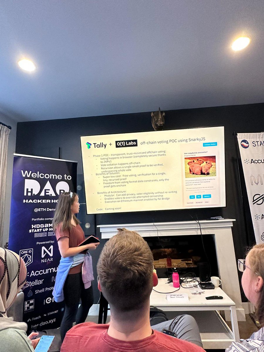 Phil Kelly (@Phil_Kelly_NYC) on Twitter photo 2023-02-27 22:59:34 Freedom from transaction costs and data constraints are under-appreciated benefits of #ZKP. Thanks to @DennisonBertram and @tallyxyz for building a cool offchain voting poc with @o1_labs using #snarkyjs, verifying on @MinaProtocol. Ask us about it this week in #ETHDenver. Freedom from transaction costs and data constraints are under-appreciated benefits of #ZKP. Thanks to @DennisonBertram and @tallyxyz for building a cool offchain voting poc with @o1_labs using #snarkyjs, verifying on @MinaProtocol. Ask us about it this week in #ETHDenver.