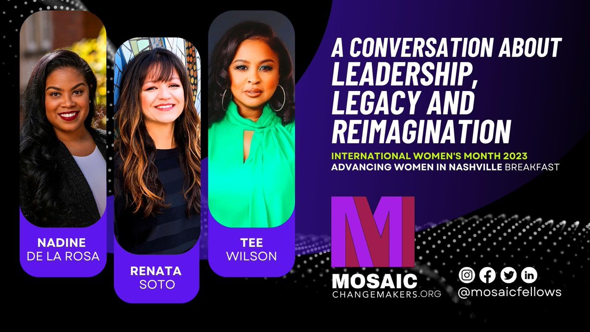Let’s talk leadership, legacy and reimagination. 

So thrilled to share the mic and stage with Tee Wilson, Mosaic’21, and Nadine De La Rosa, Mosaic’22. 

Advancing Women In Nashville AWIN #internationalwomensmonth