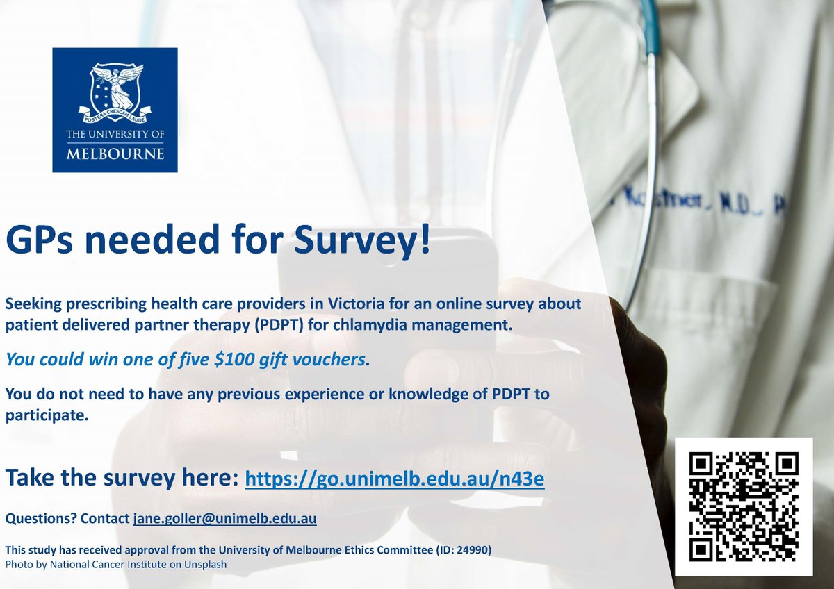 🦠🦠🦠🦠 📢Calling Vic healthcare providers involved in the diagnosis and treatment of #chlamydia📢 Please complete this survey about patient delivered partner therapy (PDPT), and you could win one of five $100 gift vouchers 💵 ➡️go.unimelb.edu.au//n43e 🦠🦠🦠🦠