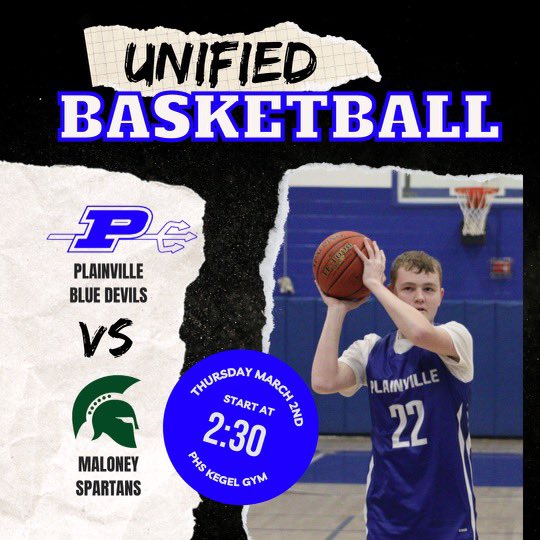Plainville Unified Sports (@plainvilleunif1) on Twitter photo THIS Thursday! Come cheer on <a href="/PlainvilleUnif1/">Plainville Unified Sports</a> as we challenge <a href="/MaloneySpartans/">Maloney Athletics AD</a> directly after school in the PHS Kegel Gym. Go <a href="/PLVBlueDevils/">Plainville High School Athletics</a>!! Hope all athletes are still practicing with snow basketballs tomorrow❄️☃️🏀 THIS Thursday! Come cheer on <a href="/PlainvilleUnif1/">Plainville Unified Sports</a> as we challenge <a href="/MaloneySpartans/">Maloney Athletics AD</a> directly after school in the PHS Kegel Gym. Go <a href="/PLVBlueDevils/">Plainville High School Athletics</a>!! Hope all athletes are still practicing with snow basketballs tomorrow❄️☃️🏀