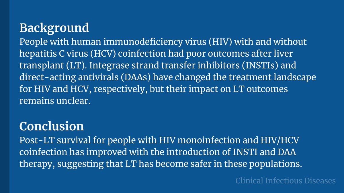 CIDJournal's tweet photo. Improved Survival After Liver Transplantation for Patients With Human Immunodeficiency Virus (HIV) and HIV/Hepatitis C Virus Coinfection in the Integrase Strand Transfer Inhibitor and Direct-Acting Antiviral Eras

🔗 https://t.co/BPLUGE2eyq https://t.co/hIsm5QtEXO