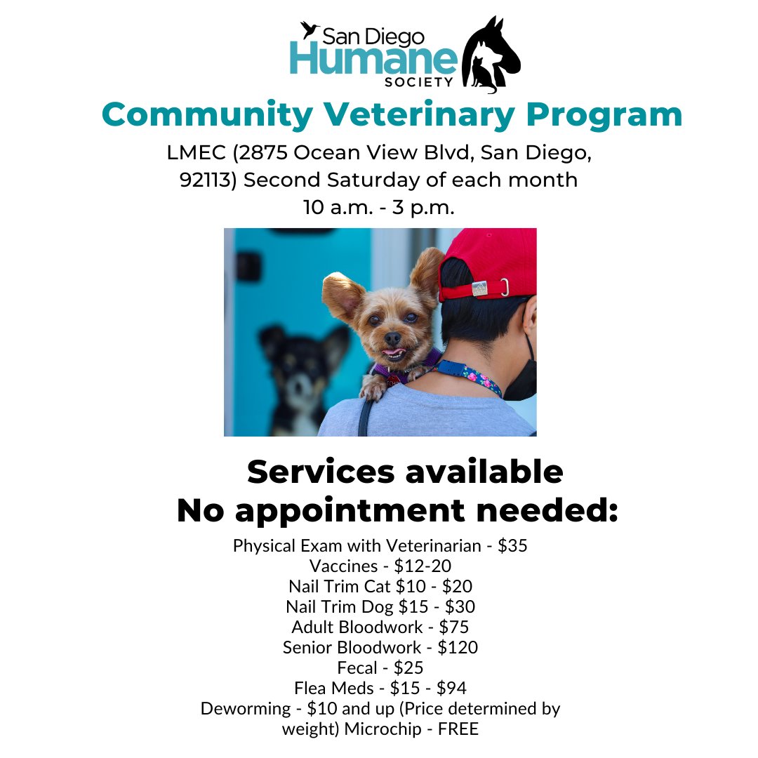 vivianmorenoSD's tweet photo. Sat. March 11, we will host a low cost mobile vet clinic! The event will take place from 10am–3pm at LMEC Parking Lot. Bring your pets for low cost ear cleaning, vaccines and more! If you have any questions please contact my office at 619-236-6688. 🐶🐾
#SDHumane #VivianMoreno https://t.co/SpGMLsXHoB