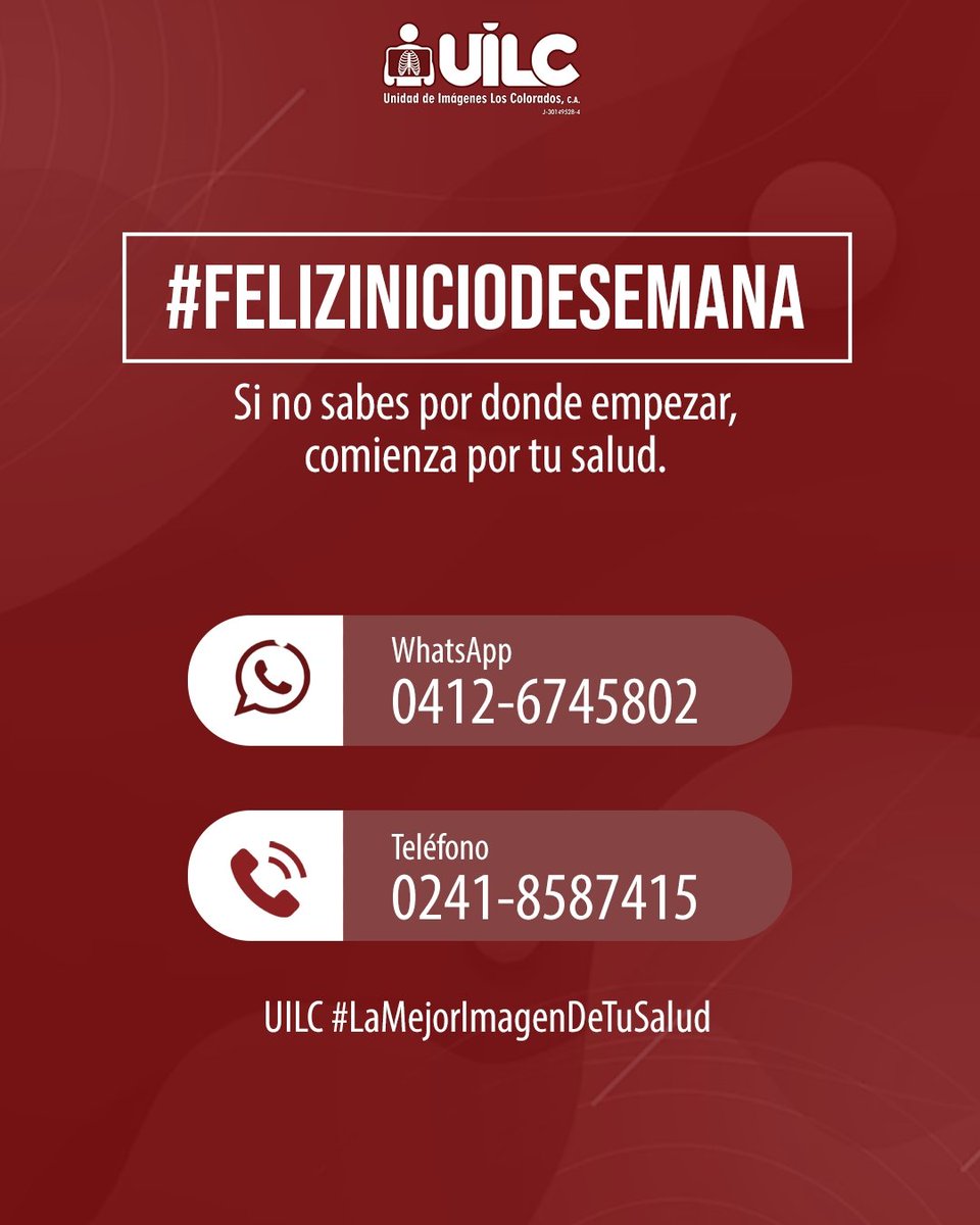 uilc_ca's tweet photo. UILC ᴛᴇ ᴀʏᴜᴅᴀ ᴀ ᴇɴғᴏᴄᴀʀᴛᴇ ᴇɴ ᴛᴜ sᴀʟᴜᴅ, ғᴇʟɪᴢ ɪɴɪᴄɪᴏ ᴅᴇ sᴇᴍᴀɴᴀ.
⠀
Contáctanos y pregunta por el estudio que requieres.
⠀
🟢 WhatsApp +584126745802
⚫ Teléfono 0241-8587415
⠀
#Carabobo #saludenvalencia #FelizLunes https://t.co/5tzhnHwQAq