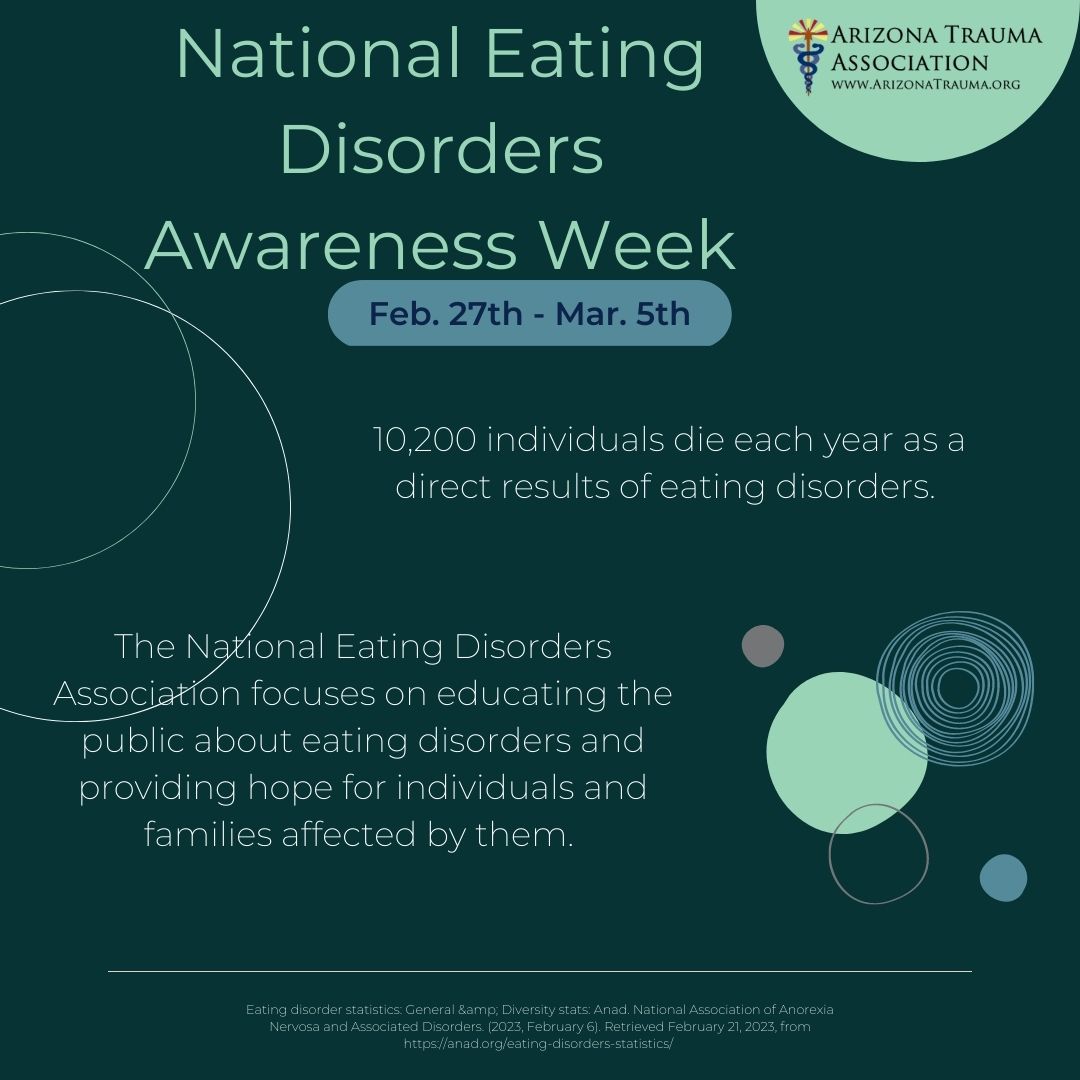 AzTrauma's tweet photo. February 27th through March 5th is National Eating Disorders Awareness Week. Eating disorders affect many individuals and families globally, and the National Eating Disorders Association focuses on educating the public and providing hope to those individuals this week.
#AZTA https://t.co/R5vCIeU4NA