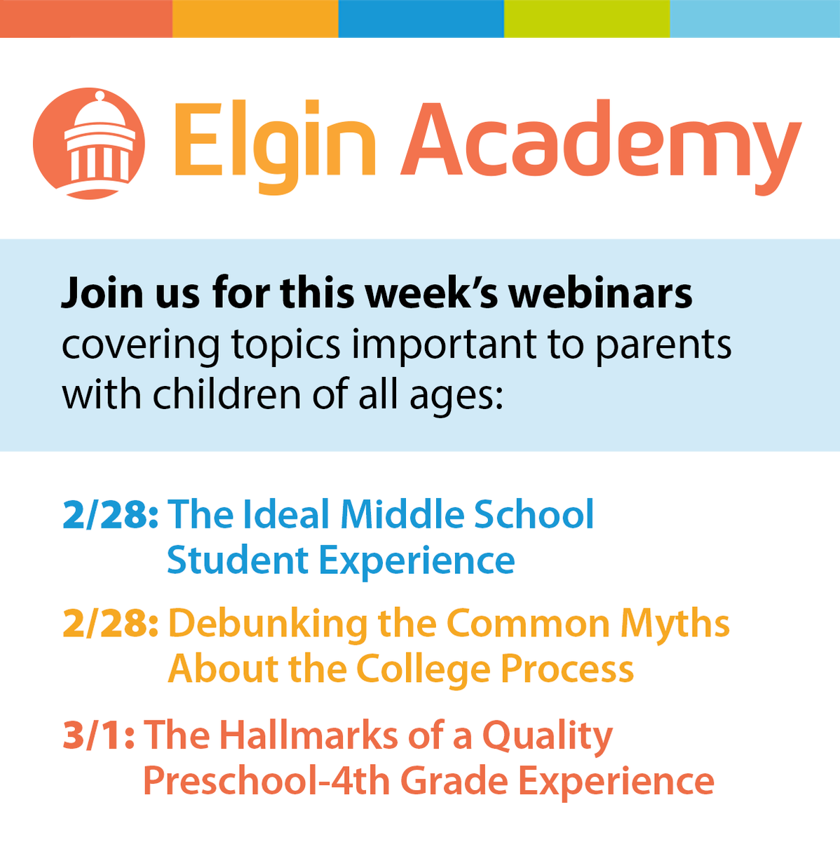 𝗥𝗲𝗴𝗶𝘀𝘁𝗲𝗿 𝗳𝗿𝗲𝗲 𝗳𝗼𝗿 𝘁𝗵𝗶𝘀 𝘄𝗲𝗲𝗸'𝘀 𝘄𝗲𝗯𝗶𝗻𝗮𝗿𝘀 covering topics important to parents with children of all ages!
elginacademy.org/inquire-ea