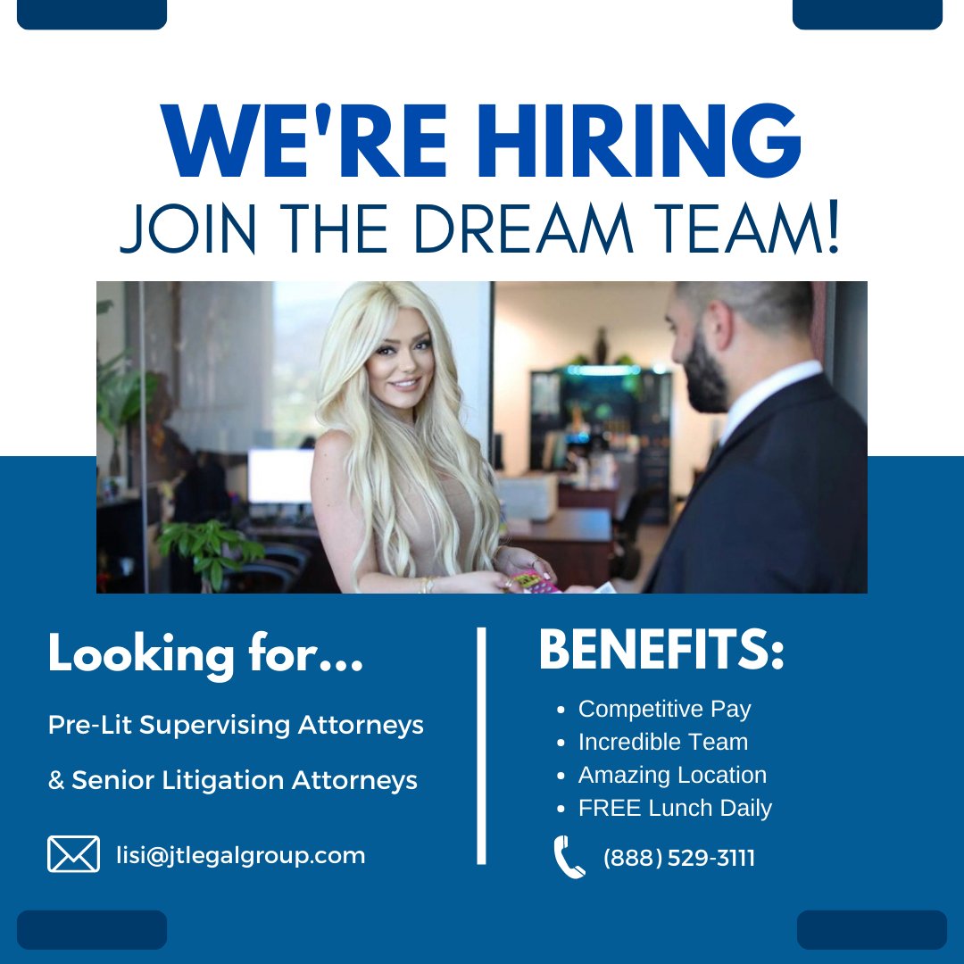 JTLegalGroup's tweet photo. We're hiring! Email resumes to Lisi@jtlegalgroup.com. ✉️
Free daily lunch, healthcare options, competitive pay and parking accommodations are some of our many benefits. 💙
--
#JTLegalGroup #NowHiring #LALawyers #AskAnAttorney #DreamTeam https://t.co/qdSb7L50sc