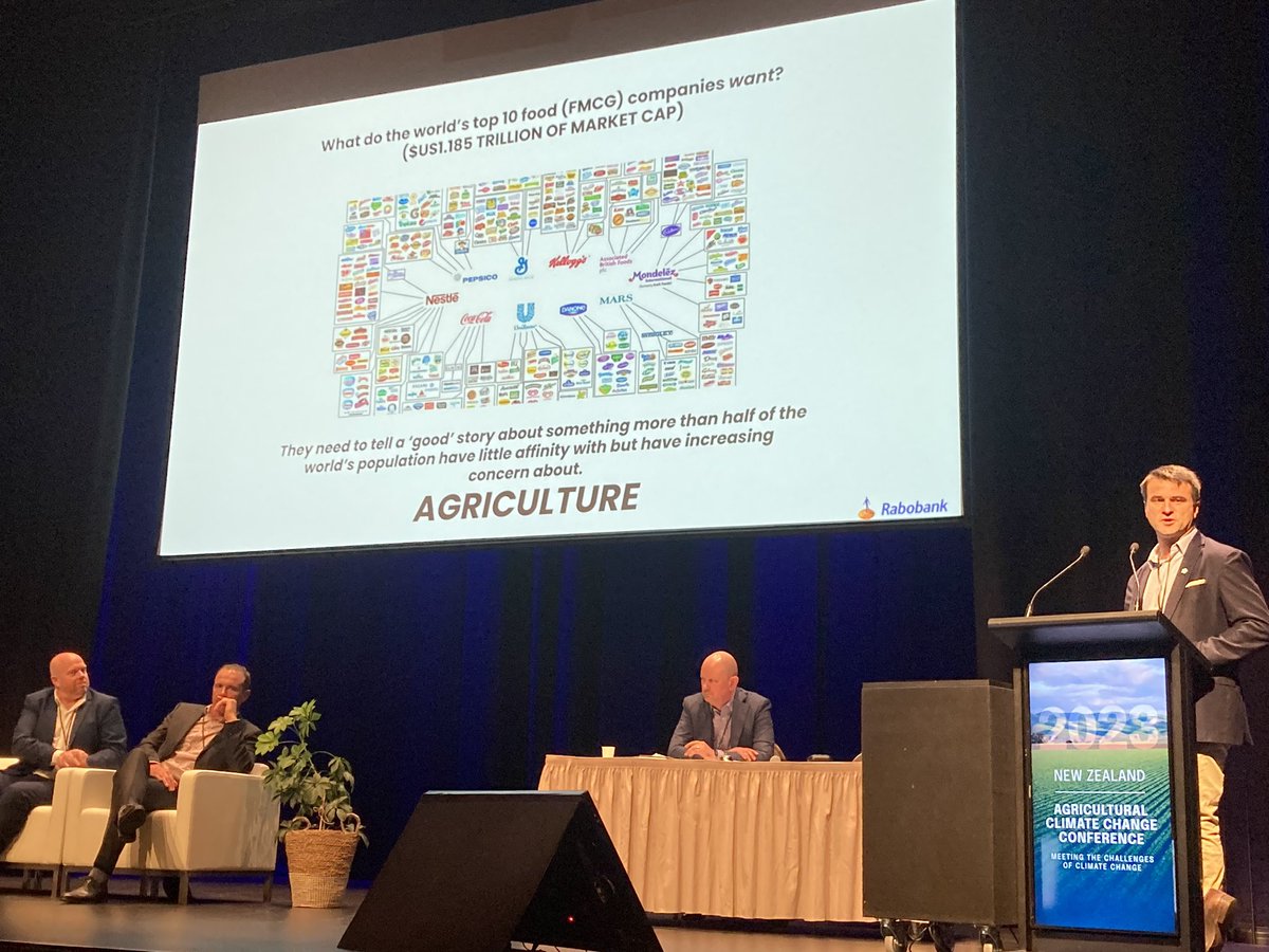 Lachlan Monsbourgh <a href="/RabobankNZ/">Rabobank New Zealand</a> speaking of the challenges with connecting consumers back to farmers - part of a panel of speakers discussing the alignment of corporate climate ambitions with sourcing realities #NZACCC2023