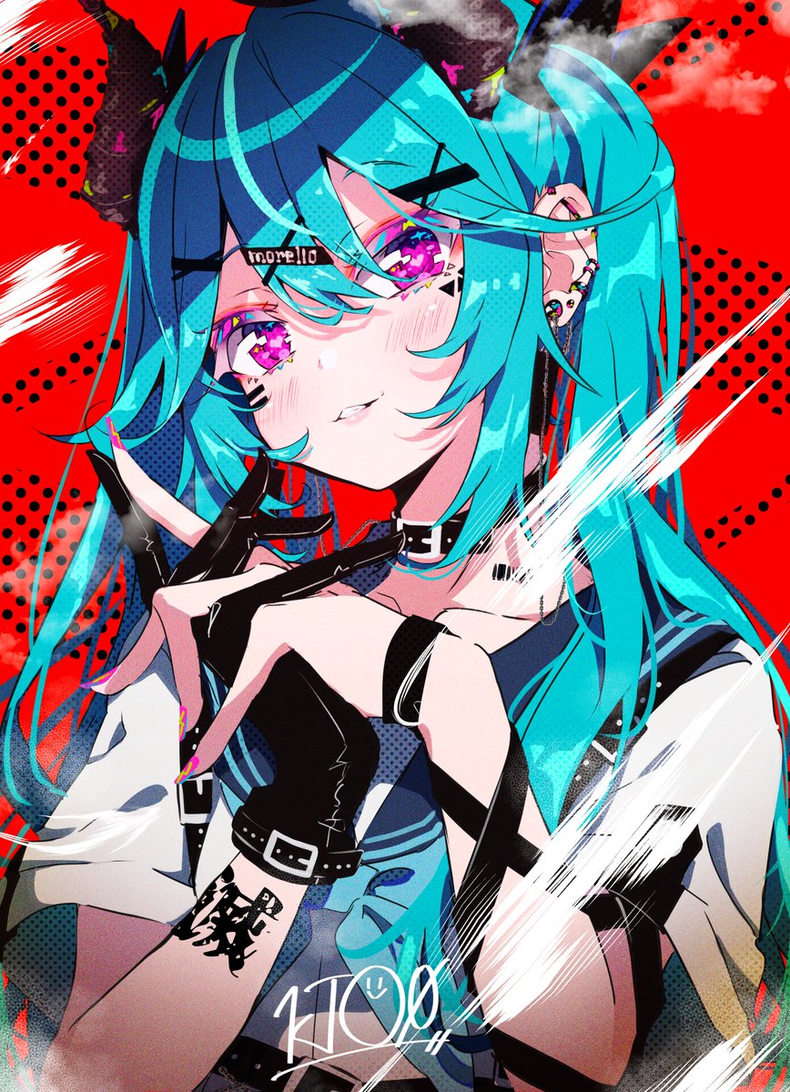 hatsune miku 1girl solo gloves horns black gloves long hair twintails  illustration images