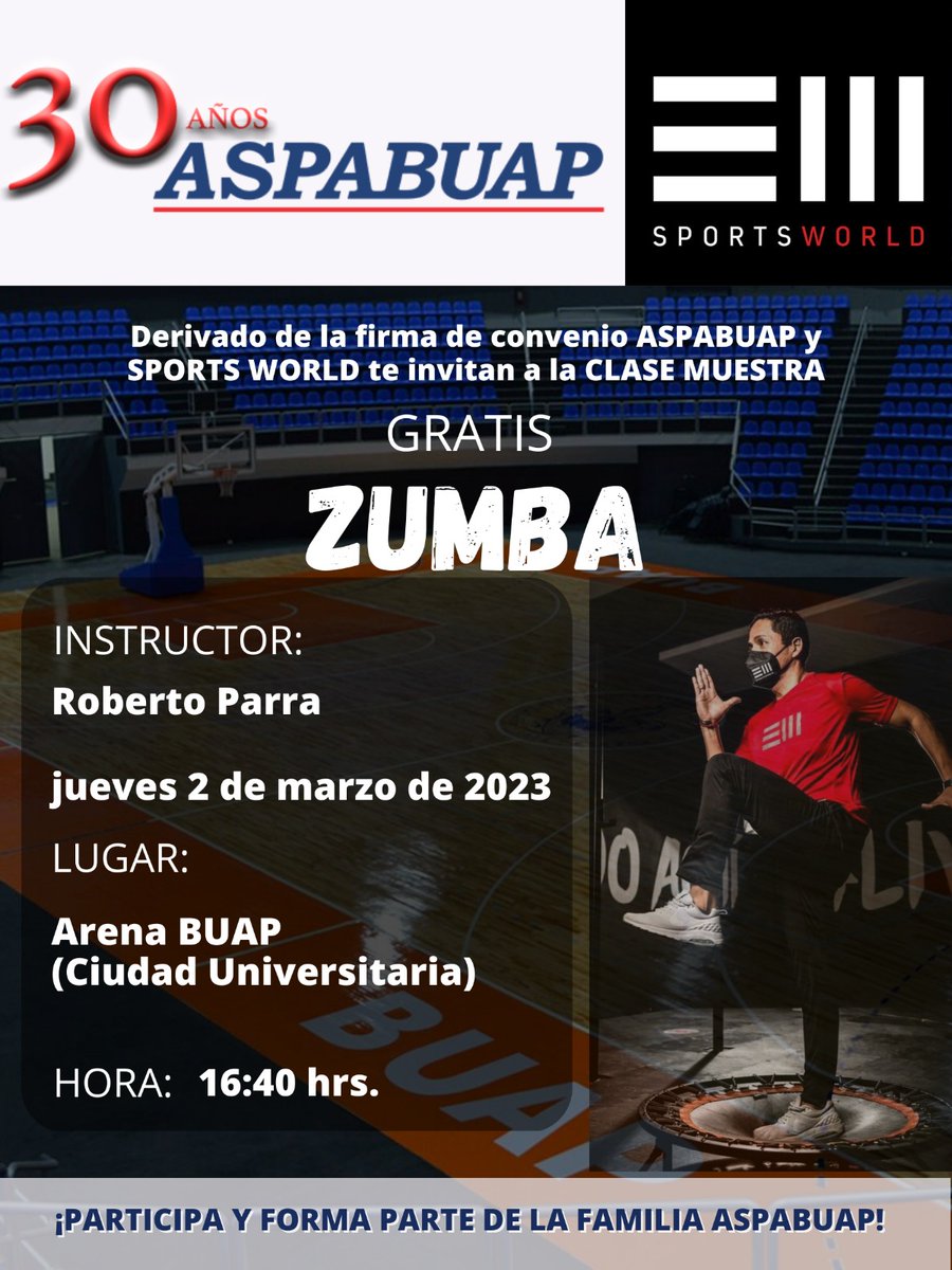 aspabuap's tweet photo. Afiliado #ASPABUAP asiste a la Clase Muestra  de #Zumba #SportsWorld 

📅 2 de Marzo 2023
⏰ 16:40 horas
📍 Arena BUAP https://t.co/mduR9RQhCU
