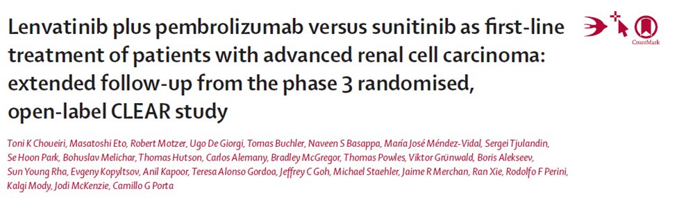 1/ Excited to announce updates from the #CLEAR trial in @TheLancetOncol: A long-term follow-up of lenvatinib + pembrolizumab vs sunitinib in this brief tweetorial: And yet another win for patients with renal cell carcinoma #RCC sciencedirect.com/science/articl… @OncoAlert @ASCO @myESMO