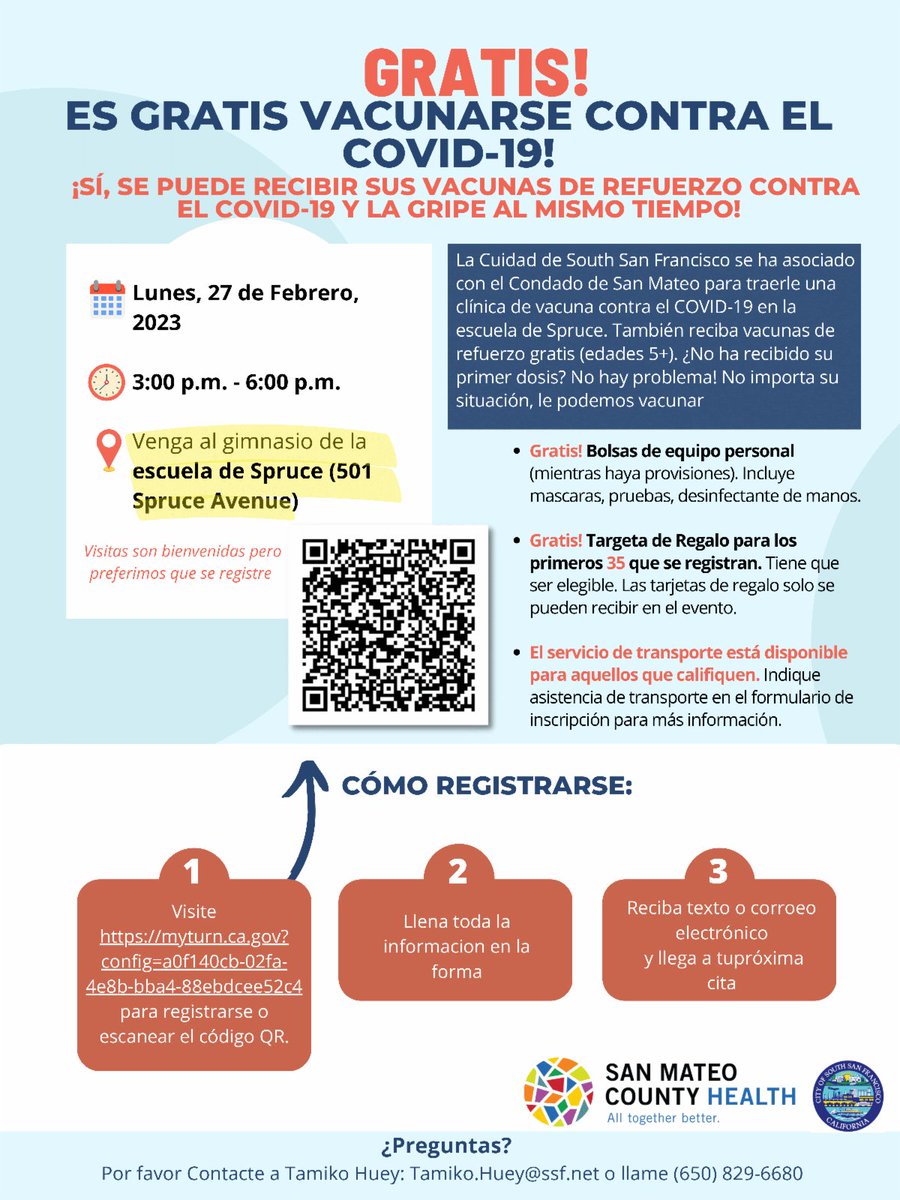 Spruce Elementary in South San Francisco is hosting a free vaccine clinic today, from 3 pm to 6 pm at 501 Spruce Avenue.
La escuela Spruce Elementary en South San Francisco organiza hoy una clínica de vacunación gratuita, de 3:00 pm a 6:00 pm, en el 501 de Spruce Avenue.