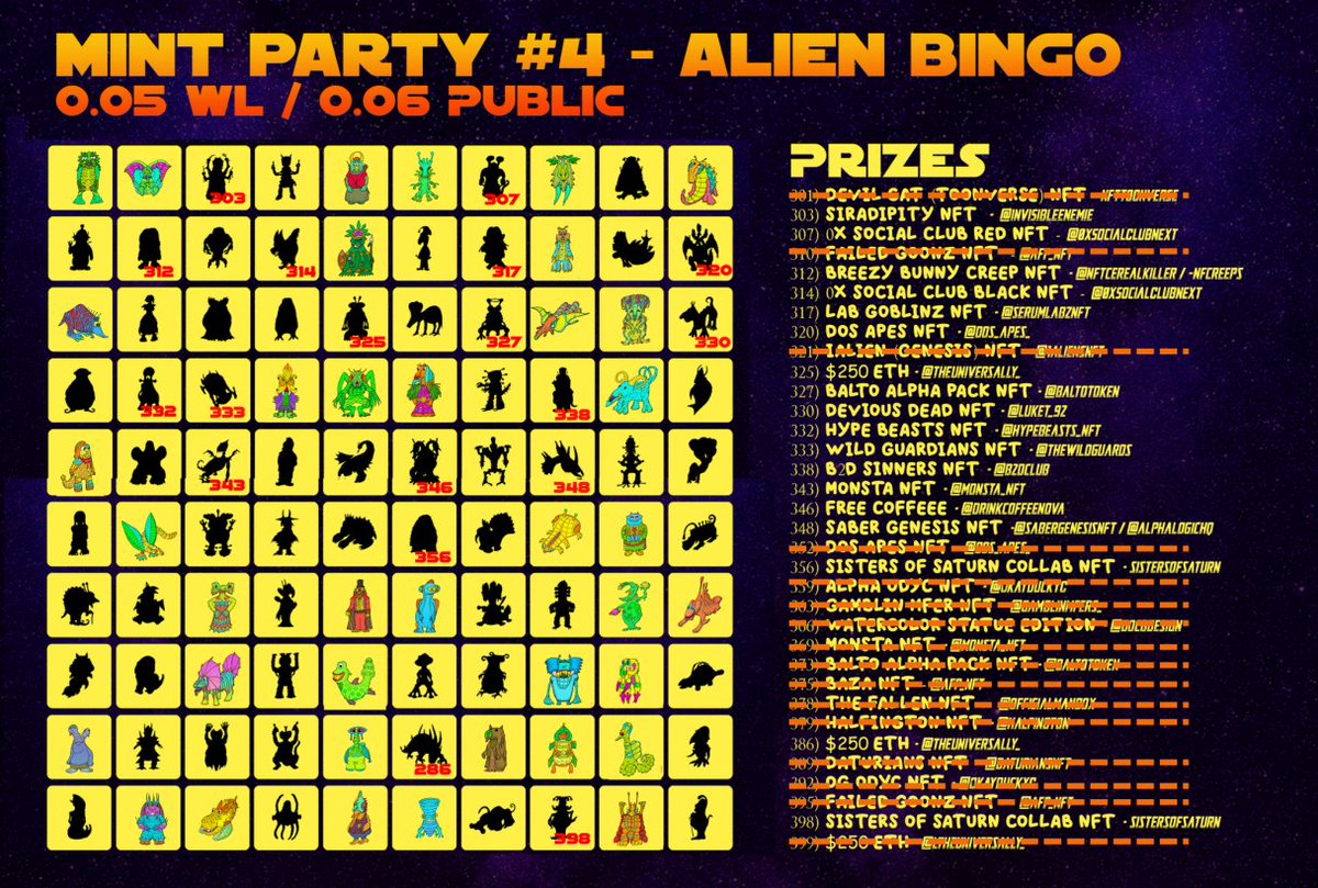 56 ALIENS REMAIN AND ALIEN BINGO IS LIVE! 🛸
0.05 MINT DURING THIS SPACE 👀

theuniversallychallenged.com