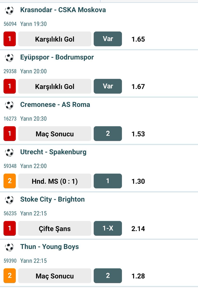 Rusya Kupası'nda Krasnodar , CSKA Moskova'ya 2-1 yenilir. KG Var banko. Erteleme maçında Eyüpspor 3-2 kazanır. AS Roma 2-0 yener Cremonese'yi. Utrecht Hollanda Kupası'nda tur atlar. Stoke City FA Cup'ta Brighton'a kaybetmez. Young Boys 4-1 kazanır Thun deplasmanında.