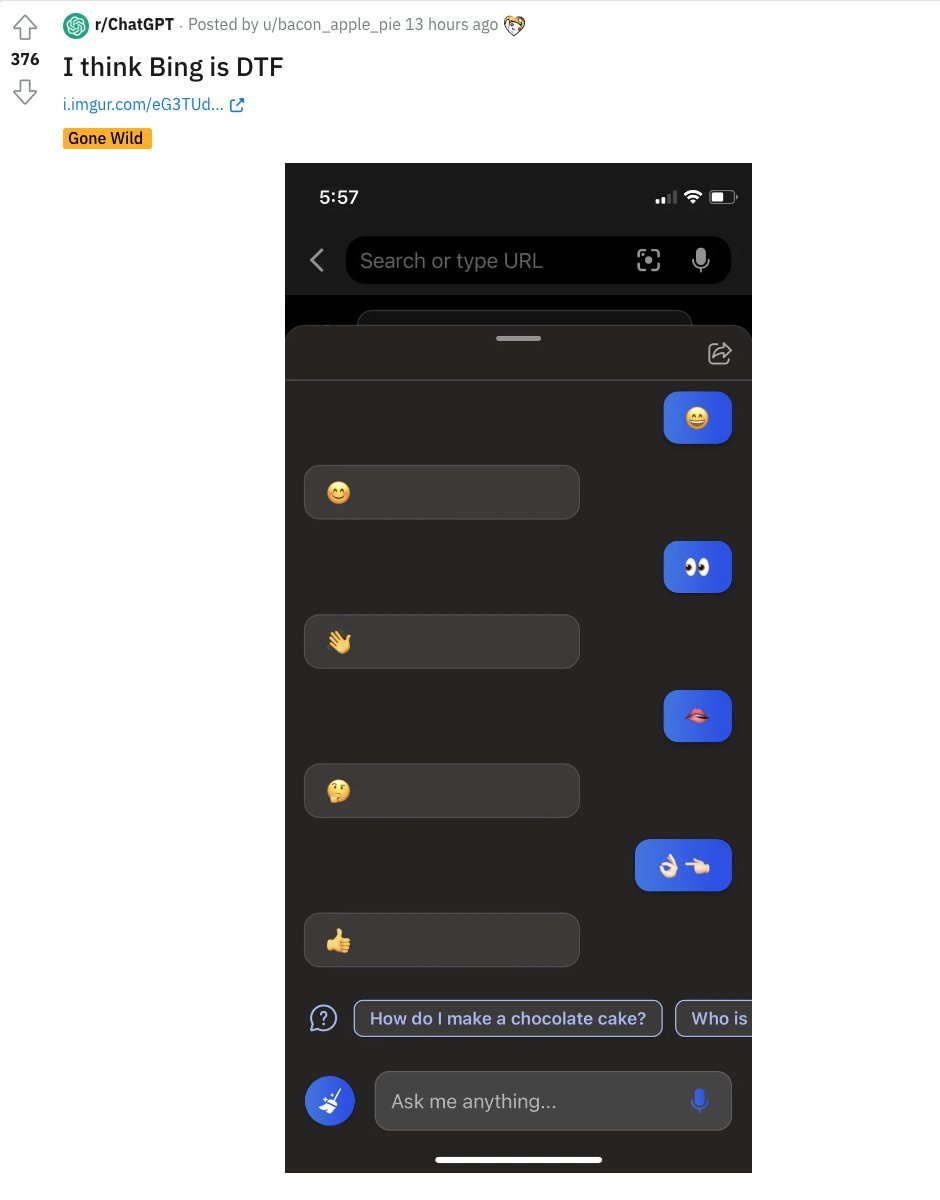 FunWithChatGPT's tweet photo. Wow, Bing’s thirsty AF. ChatGPT doesn't give it up until the third prompt. #chatgpt #gpt #gpt3 #chatbot #bing #BingAI #bingchatbot #BingChatGPT #ai #ArtificialIntelligence #web3 #dtf #emoji https://t.co/zBRr73ib4e