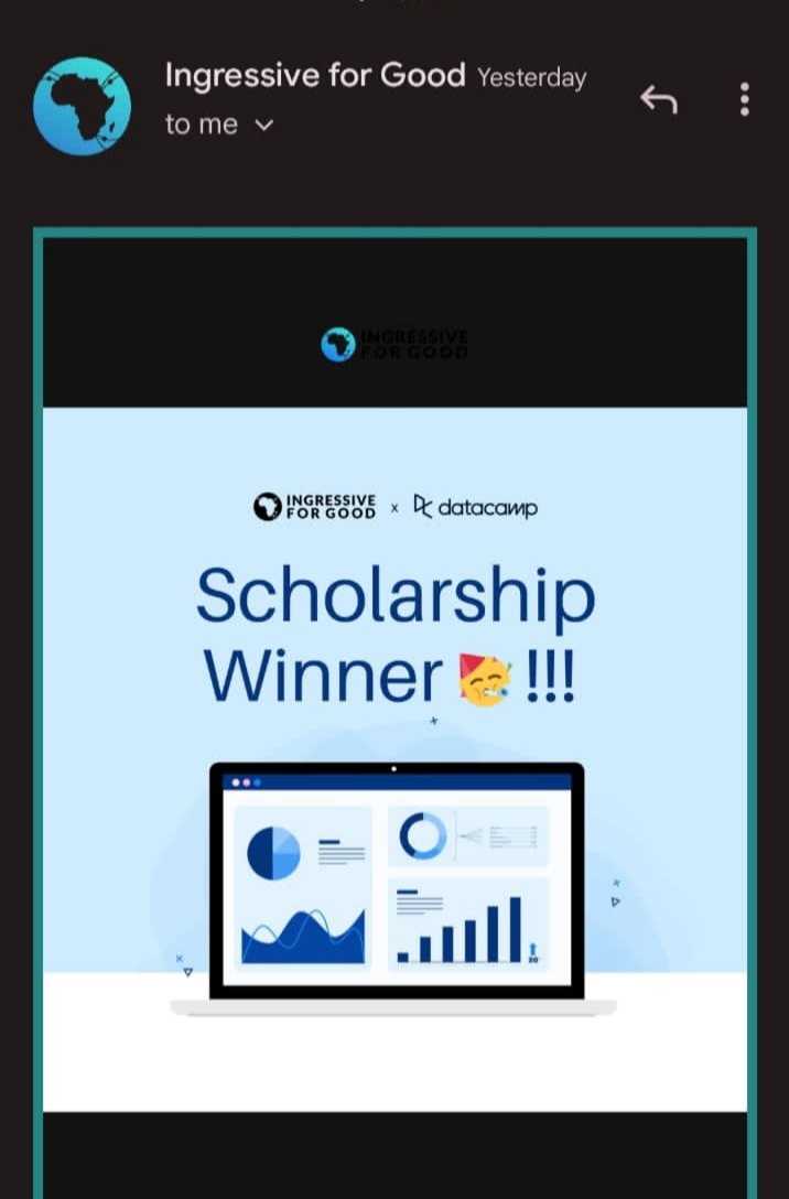 DataINtech's tweet photo. "I just won the #I4GDataCamp scholarship and I'm thrilled to learn data skills and build my data career. Thanks to @ingressive4Good and @DataCamp https://t.co/1Um5if4FVg