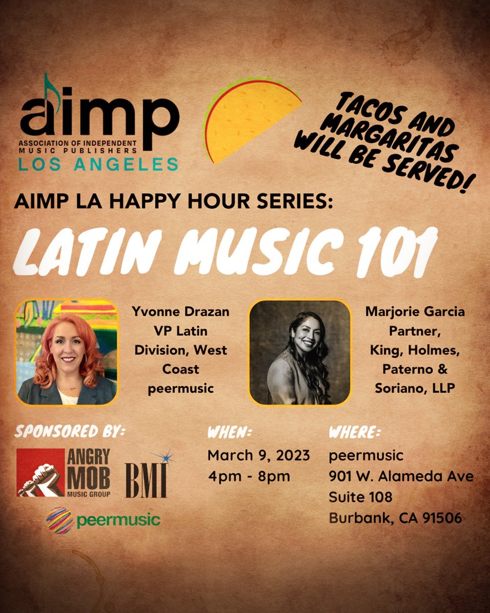 Join peermusic VP Latin Division, West Coast Yvonne Drazan (@MsDrazzy) and @khps_law partner Marjorie Garcia (@Pajareezy) for @AIMPorg’s Happy Hour Series: Latin Music 101 on March 9, 4pm-8pm. Register at aimp.org.