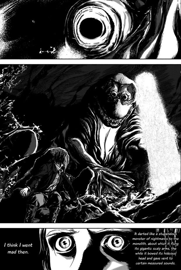 JWulen's tweet photo. Gou Tanabe es un mangaka que adapta los relatos de Lovecraft al manga. La Sombra de Innsmouth me lo he leído del tirón, y me voy a pillar Las Montañas de la Locura 1 y 2, porque este tio es dios.

Lovecraft: “Era indescriptible”
Gou Tanabe: *procede a dibujarlo* https://t.co/mchu90zGhG