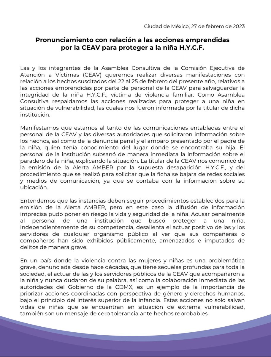 CEAVmex's tweet photo. 🟣 Pronunciamiento realizado por las y los integrantes de la Asamblea Consultiva de la @CEAVmex ante las acciones emprendidas para salvaguardar la integridad de niña de 12 años.

🔗Consulta aquí: https://t.co/cwMFg18u9d https://t.co/HOv3V1iRam