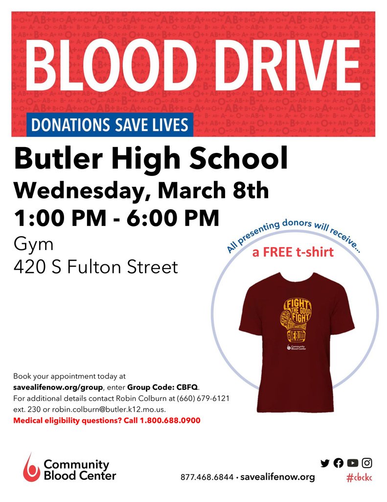 There will be a blood drive on March 8 at the high school gym. See the attached for all the information.