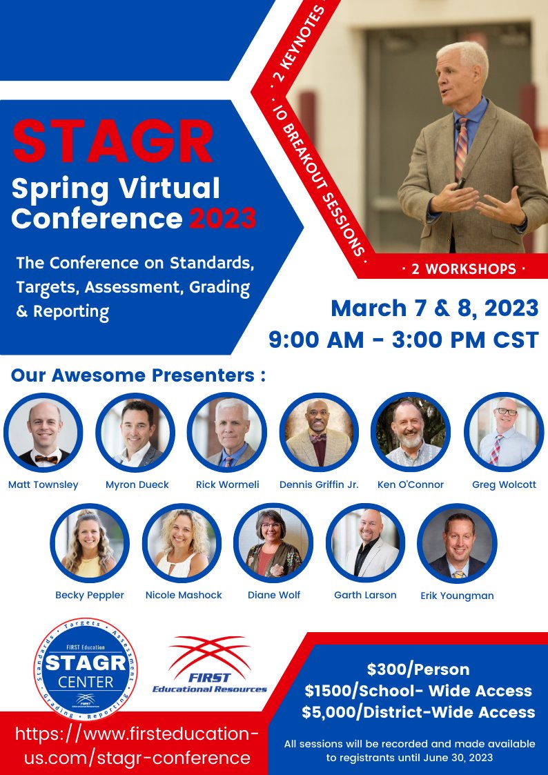 We are ONE WEEK away from our Spring #STAGR Conference! Video Access to all sessions until 06/30/23. @rickwormeli2 @mctownsley @myrondueck @LarsonGarth @BeckyPeppler @kenoc7 @D4Griffin3 @GregJWolcott @mashockn @Erik_Youngman @DrDianeWolf firsteducation-us.com/stagr-conferen…