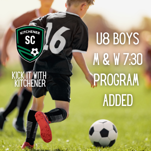 KitchenerSC's tweet photo. Due to overwhelming demand for our U8 boys program, we've added another session! The program will run Monday and Wednesday at 7:30pm at Budd Park. Register online on our website at https://t.co/Er5FFIGHn3.
#KitchenerSC #kickitwithkitchener #soccer #kwawesome https://t.co/04juWvpHIU