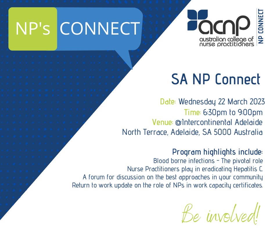 acnp_national's tweet photo. Team SA are excited to hold an NP Connect event this March. For more information, please visit our website and book early and avoid disappointment!
https://t.co/4MTN3kS7nD https://t.co/1jOA4U3i7G
