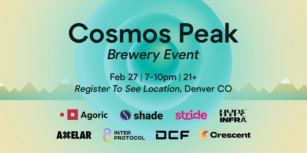 SecretNetwork's tweet photo. Are you joining us tonight at Cosmos Peak?
We'll be there for this fun event, joined by our friends in the #Cosmos ecosystem, including @Shade_Protocol and @axelarcore. It's a great way to wrap up day 1 of #BUIDLWEEK, so say hello and have a blast!
$SCRT #BuidlWeekSCRT https://t.co/cIAMeW1IVP