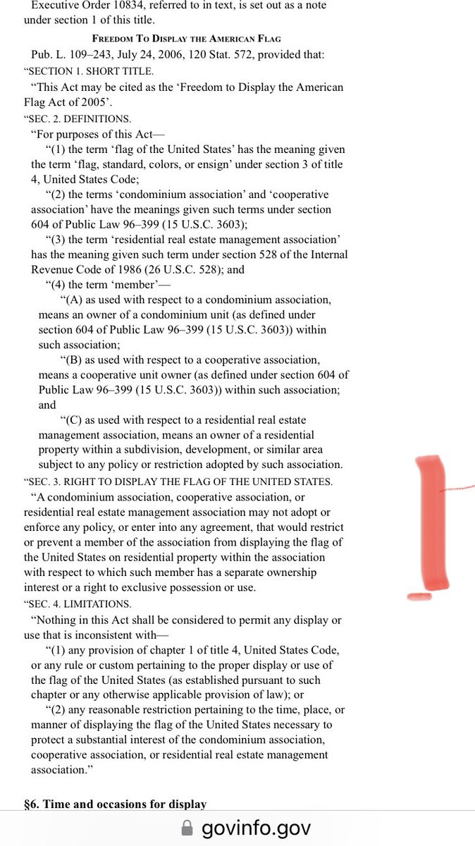 sdrepub's tweet image. 4 USC Scn 5

Next time some homeowners assoc tries to tell a resident they can’t properly fly the #AmericanFlag (bcz hurt feelings, racist, etc.) you can tell them to pound sand with legal authority 🇺🇸

Scn 5 of #4USC says they can’t prohibit you from waving Old Glory 🇺🇸