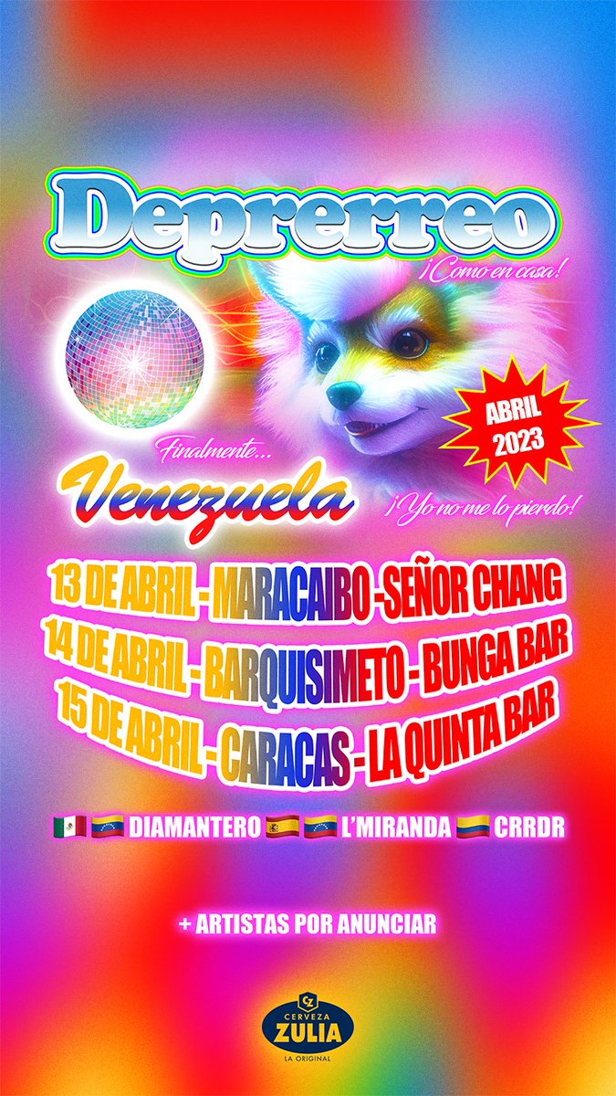 Extendiendo su poderío, #Deprerreo fue diseñada para hacer disfrutar a nuevas generaciones con lo mejor del perreo y guaracha. Aterrizará en Maracaibo, Barquisimeto y Caracas ❤️‍🔥💋

🗓️ 13 de Abril
📍 Señor Chang

🗓️ 14 de Abril 
📍 Bunga Bar 

🗓️ 15 de Abril 
📍 La Quinta Bar