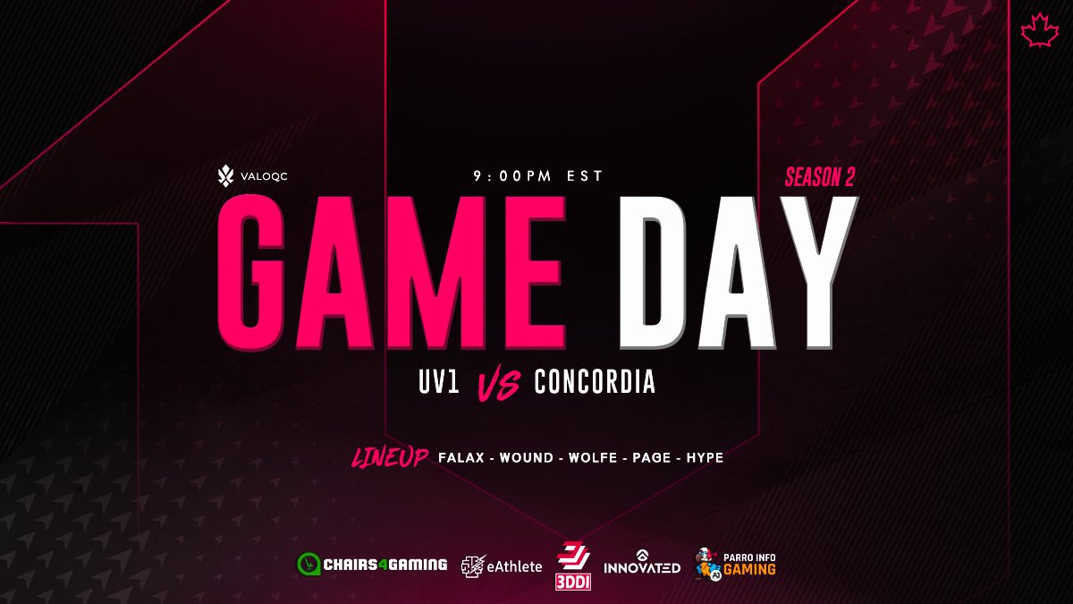 [#valorant]

It is time for our game #1 this season in @valo_qc league Season 2!

🆚: <a href="/CeSAConcordia/">Concordia Esports</a>
🕘: 21:00 EST
📺: twitch.tv/valoqc
🎙️: @solbo24 <a href="/SwifterMeister/">Swifter</a>
 
#uv1canada 🇨🇦