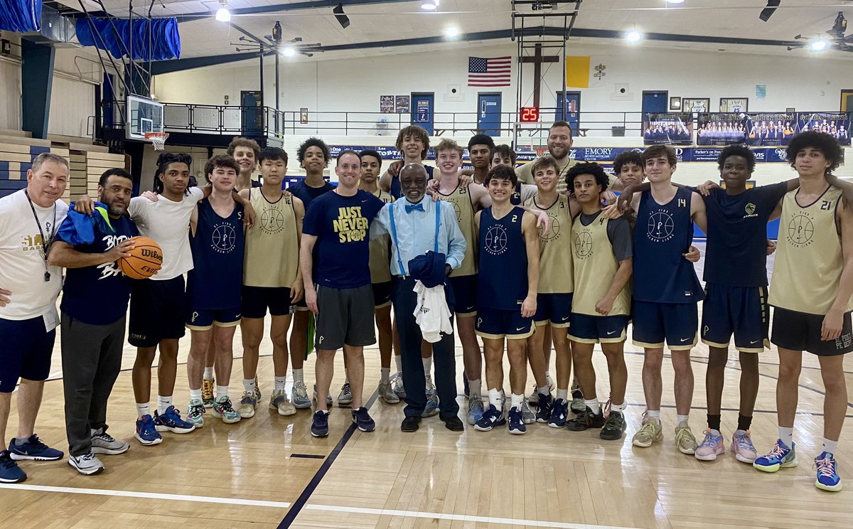coachAParr's tweet photo. If you have played St. Pius in the last 20 years, you know about our #1 fan, Mr. Scott. He is a big reason for the energy and atmosphere in our gym. He represents the FUN in HS sports. Today, he stopped by practice to say hey to our team. https://t.co/6KDuRkEYU1
