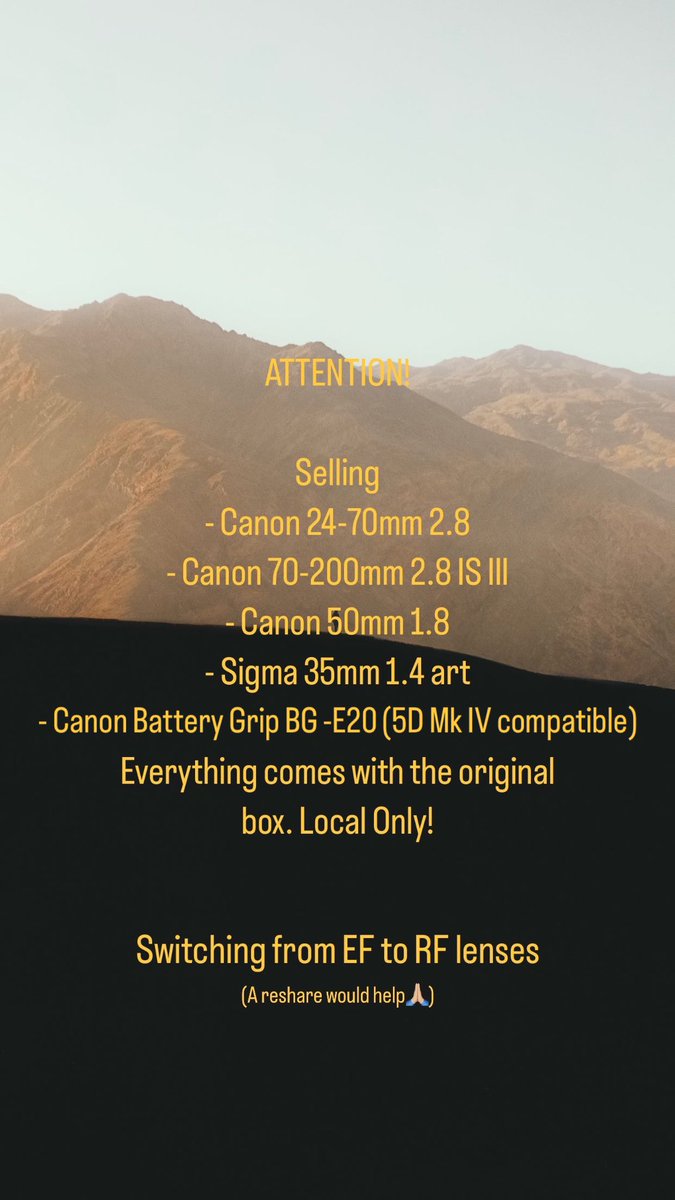 Hey fam! Just switched from DSLR to mirrorless finally. The following are for sale, I’m trying to switch to EF to RF lenses. Please message me for any questions! 

A RETWEET would help so much! 🙏🏼