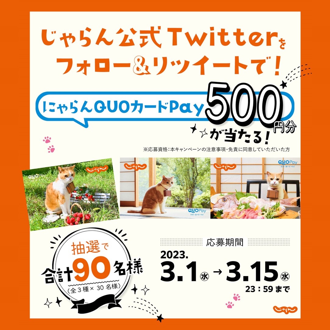 jalannet's tweet photo. #これからも一緒に。旅するじゃらん第四弾
プレゼントキャンペーン🎁

オリジナルQUOカードPay（500円分）が
抽選で90名様に当たる！

📍応募方法
① @jalannet をフォロー
② この投稿をRTするだけ
※3/15まで

👇詳しくはこちら
https://t.co/jSoSqFbOeb

#プレキャン  #春旅さがすならじゃらん https://t.co/LnXhxQ0GGw