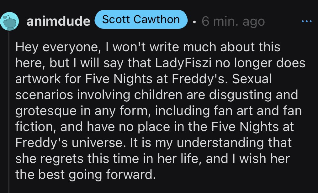 Scott Cawthon has announced artist LadyFiszi will no longer be an official contributor to the Five Nights at Freddy’s franchise.
For more information, please educate yourself with the attached Reddit thread link.

Link: reddit.com/r/fivenightsat…
#fnaf #fivenightsatfreddys
