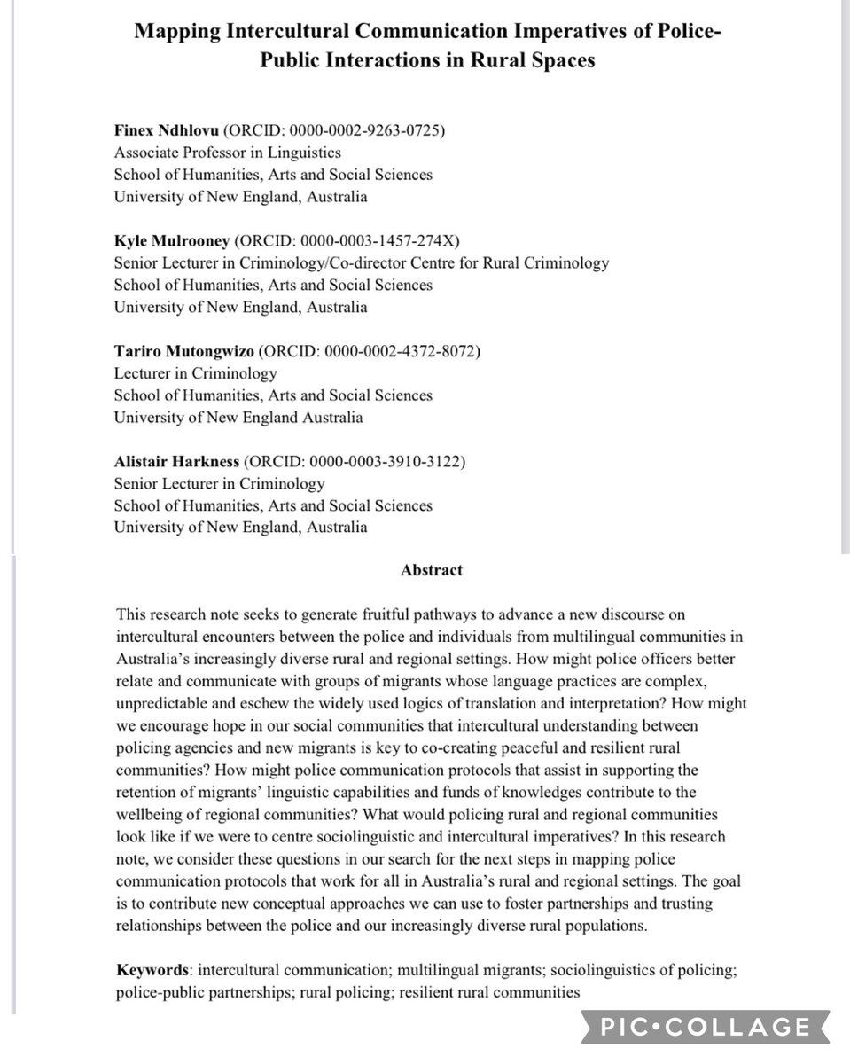 IJRuralCrim's tweet photo. #PartIRecap

✅ In their #research note, Ndhlovu, @TariMutongwizo, @CriminologyGuy &amp; @AHarkness discuss how #police in #rural #Australia can improve intercultural encounters and trust with multilingual communities. Read more here: https://t.co/nOe8NVLMhr

#IJRC #Criminology https://t.co/HL94MX4HlL