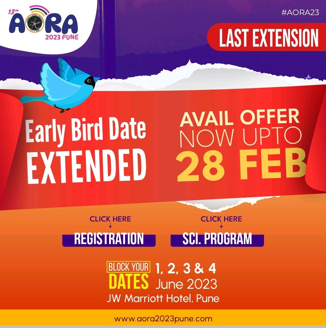 #AORA23
RA enthusiasts,  today is last day for early bird registration for biggest RA conclave of India 🇮🇳 happening in Pune..<a href="/AoraIndia/">AORA India</a> <a href="/KalagaraHari/">🩺 Hari (హరి 🇮🇳) Kalagara</a> <a href="/DebeshBhoi/">Professor Dr Debesh Bhoi,MBBS,MD,MNAMS,</a> <a href="/pritanand/">Dr Prit Anand Singh</a> <a href="/SheilaMyatra/">Sheila Myatra</a> <a href="/KartikBSonawane/">Dr.Kartik Sonawane</a> <a href="/Ropivacaine/">Dr. Vishal Uppal MBBS, FRCA 🇨🇦🇮🇳🏴󠁧󠁢󠁳󠁣󠁴󠁿</a> <a href="/drshikhamodi/">Dr Shikha Modi</a> <a href="/PriyankaahujaDr/">Priyanka Ahuja</a> <a href="/ESRA_Society/">ESRA | European Society of Regional Anaesthesia</a> <a href="/anesthetix/">Amjad Maniar</a>