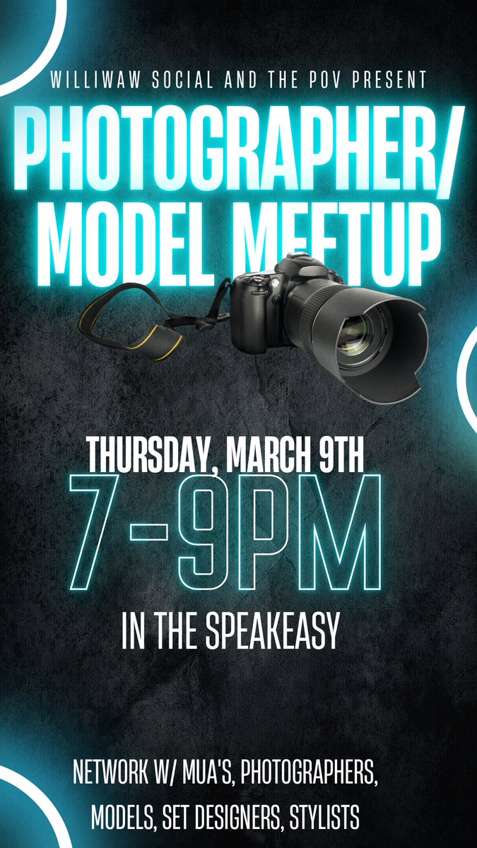 WilliwawSocial's tweet photo. Next Thursday in The Speakeasy, come network with photographers, models, stylists and more! https://t.co/t0URK64LhL