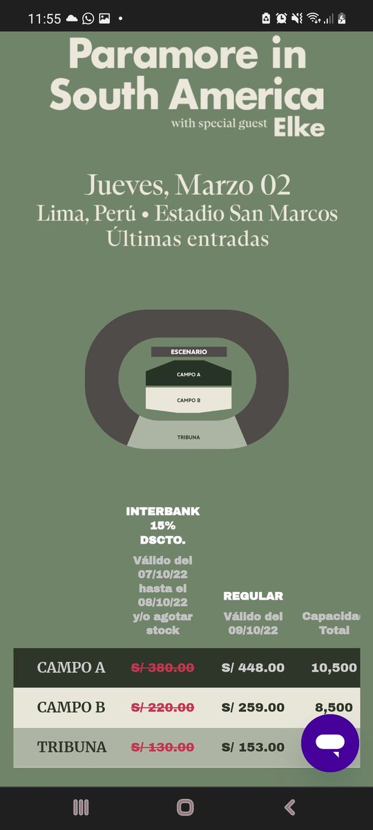 adriviaja's tweet image. Vendo 1 entrada Campo A a precio Teleticket con dscto. Entrega segura. Escríbeme al DM

No soy revendedora :"( estoy vendiendo al mismo precio que la compré q