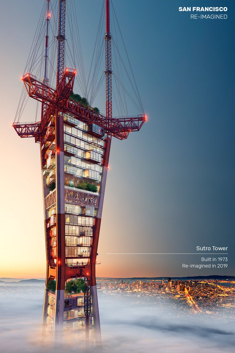 VladSF's tweet photo. How will @SutroTower evolve in our lifetimes? Housing and an observation lounge would be intriguing.
One of the original plans had a restaurant / cocktail lounge at the top.🍸 
The view of course would be unparalleled. Imagine sipping a 'tini watching @KarlTheFog roll in... 🌫️🗼 https://t.co/LZgDPilglf