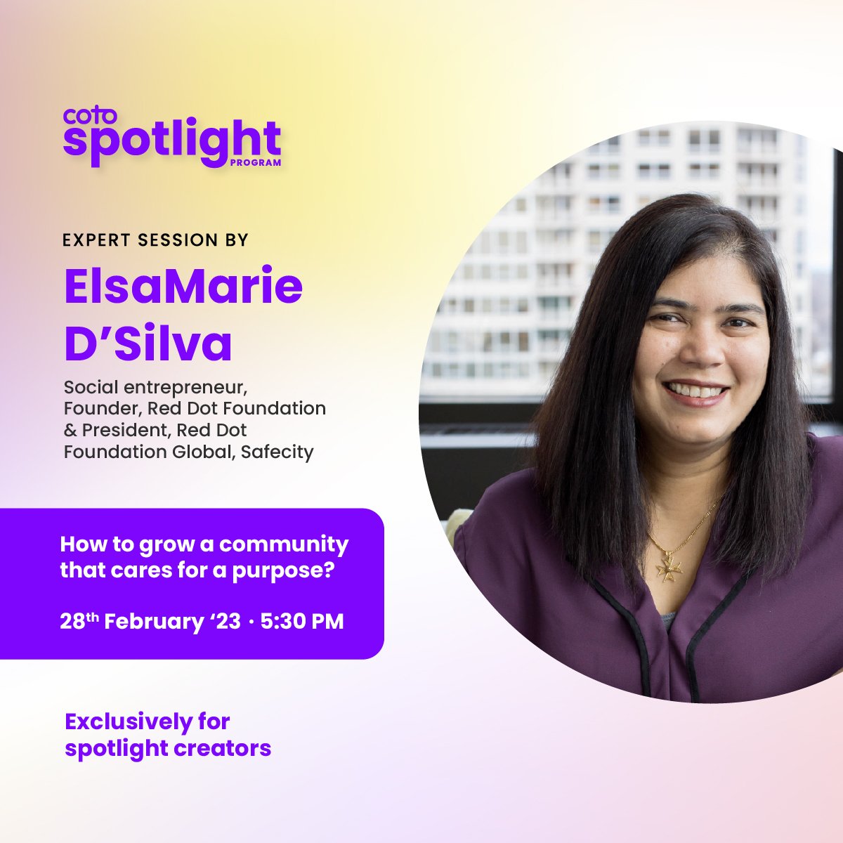 cotoapp's tweet photo. Know what it takes to drive a purpose-driven community? Our first expert session for coto #SpotlightProgram creators is here! 🙋♀️🙌
We’re excited to hear Elsa (@elsamariedsilva) share her thoughts and mentor our creators. 👭🚀
Join here #cotocommunity👇
https://t.co/nOegJJ2ntz https://t.co/b6GNblITLR