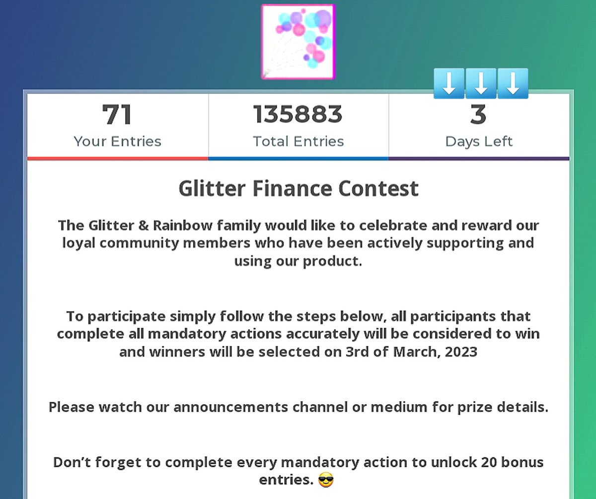 SmarttSvetlana's tweet photo. There are only three days left! If you haven't done it yet, you don't have much time.
Go, Go, Go
https://t.co/CGpIaEMEjq
@GlitterFinance
#glitterfinance #RBWNetwork https://t.co/nKFKyiPRBr