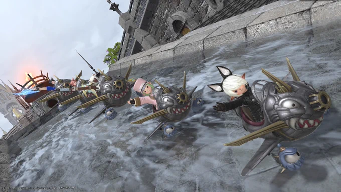 FF14、2時間ちょいくらい頑張ったでしょうか!全員のマウントをゲット!そして記念撮影です!エンピレアムのウォータースライダーも初体験!楽しかった!5人で行けて良かった!でも欲を言うとあと3人欲しくなるね! #PS5Share, #ファイナルファンタジーXIV 
