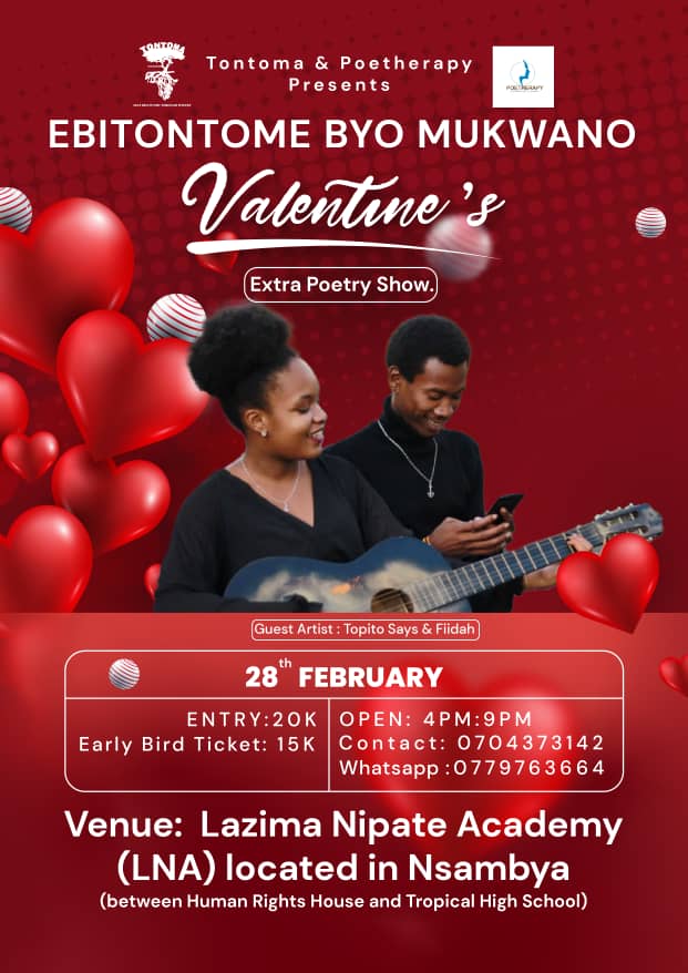 JazzTontoma's tweet photo. Happening Today #28thFeb we Invite You all Tontoma Friends as We Close the Month of Love 
Live Performance at the #EbitontomeByoMukwano #ValentinesExtra all happening at Venue: Lazima Nipate Academy in Nsambya 
Entry:20k 
4pm - 7pm 
Don't Dare Miss 💖🎸🎧🎻🪘❤️🎼🪕🥰🎹💖 https://t.co/wPvNE7Xyng