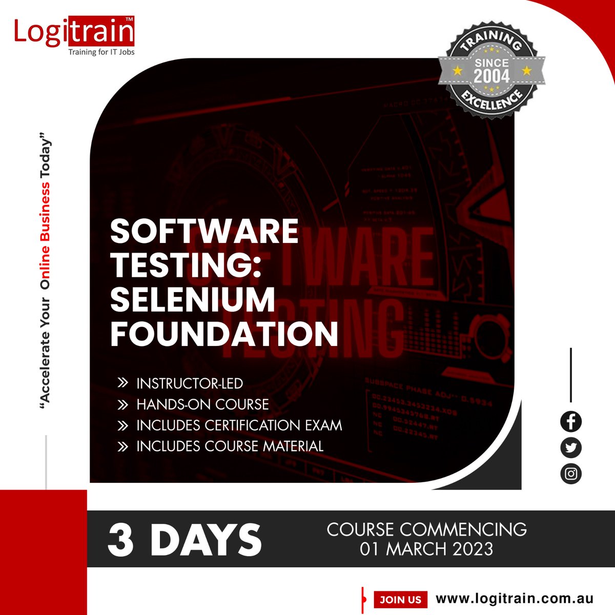 logitrain's tweet image. Selenium Tester Foundation Training
Starting from 01 March 2023 @ 09:30am to 5pm
Call/ WhatsApp: +61 1800 159 151
Email: info@logitrain.com.au
Visit us: logitrain.com.au/courses/softwa…
#ITILCourse #SeleniumTester  #ITILCertification #technology #networking #tech #ITIL #training #telecom