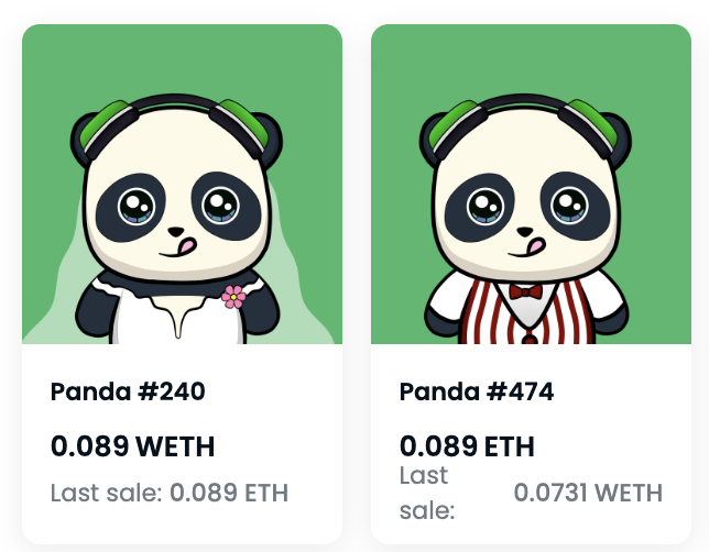 PandaMania_NFT's tweet photo. ♥️, RT &amp; TAG 3 for chance at $20 in ETH

BUY THESE TWO together in 1 transaction...and I will buy you a pair of our @DonkeyKicksNFT PANDA SNEAKERS!!!

LFG!!!

Looks like it could be wedding day for these 2! Silent dance party?

https://t.co/akbsz4R1Q5

https://t.co/5NlzqfFVfa https://t.co/yCD7aulJZn