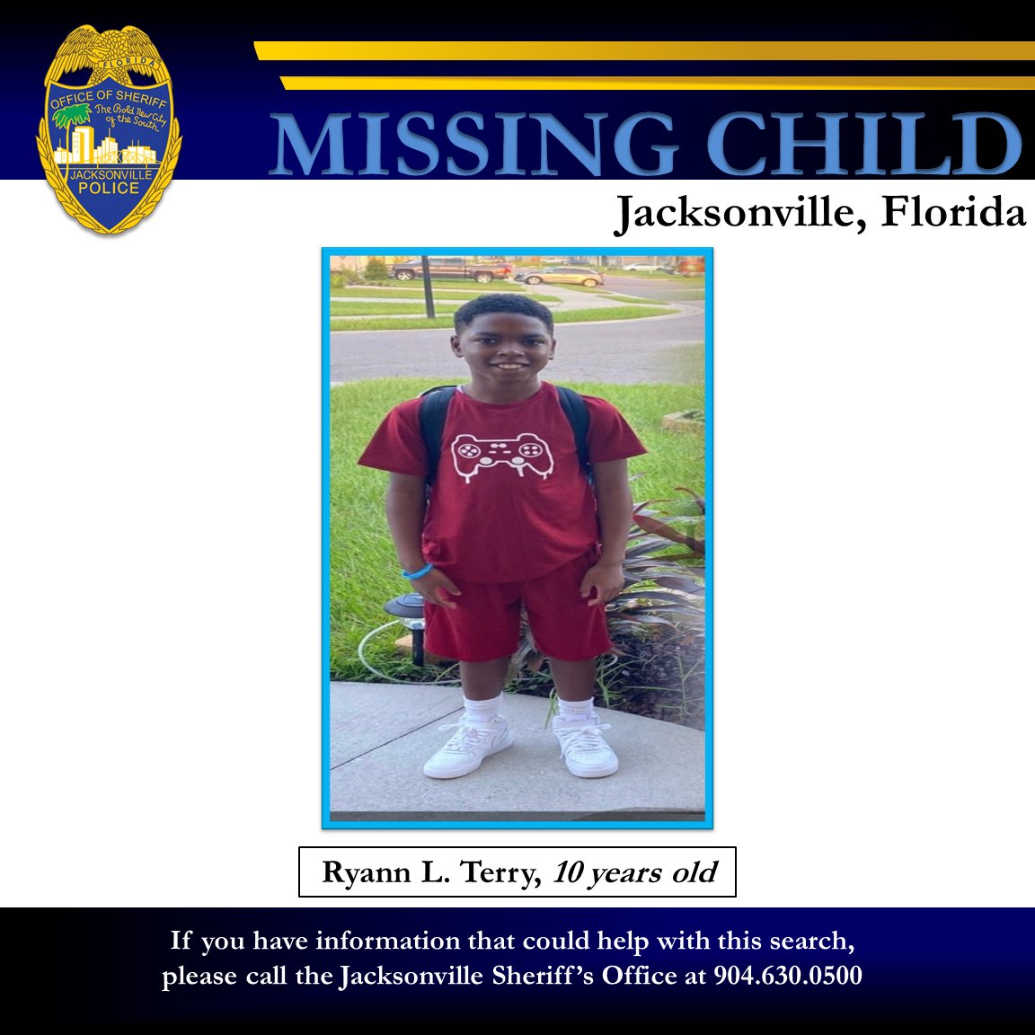 #JSO is searching for 10yo Ryann Terry who walked away from his home near Manotak Ave &amp; Lane Ave around 7 p.m. after an argument with his mom. He is a black male, 5’0” tall &amp; 100 pounds; it is unknown what he is wearing. Call 904-630-0500 if you have info that can help find him.